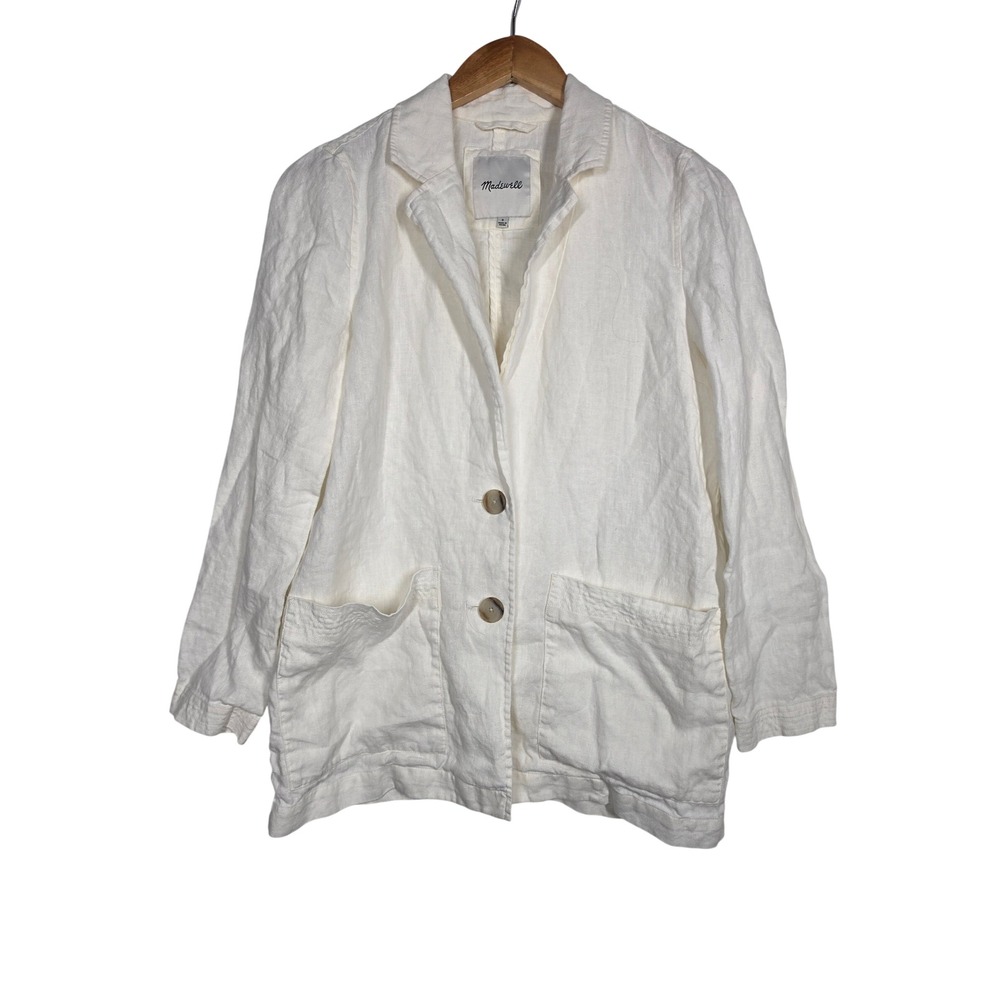 Madewell Womens Linen Blazer Relaxed Boyfriend Jacket Front Button Boho White S